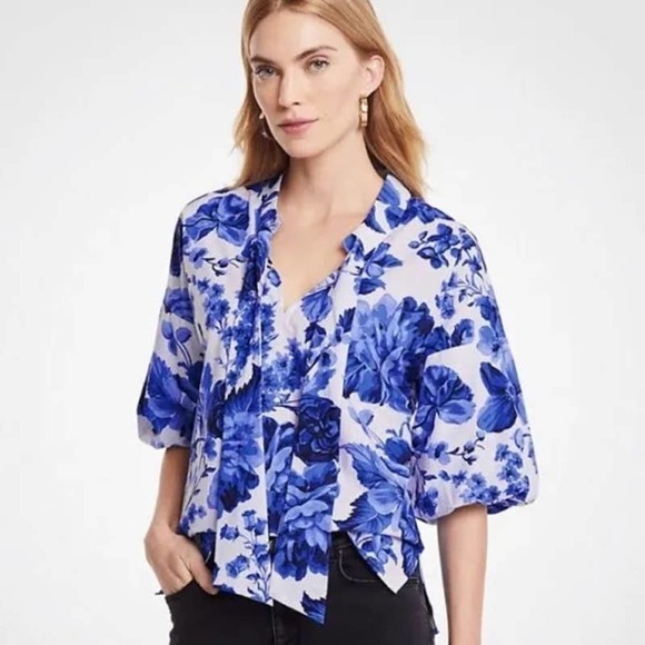 Ann Taylor Floral Tie Neck Puff Sleeve Blouse Top Size XS EUC - Picture 1 of 8
